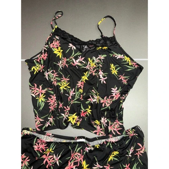 Joyspun Dreamy Soft Floral Pajama Set 3X Black Pink Yellow Lace Trim Cami Shorts - Picture 2 of 6